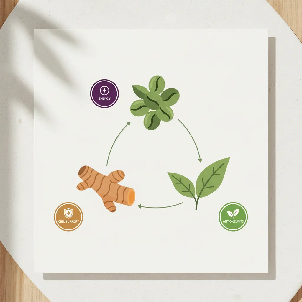 Infographic: green coffee bean, turmeric root, green tea leaf - natural ingredients for everyday energy in Slim Coffee Booster