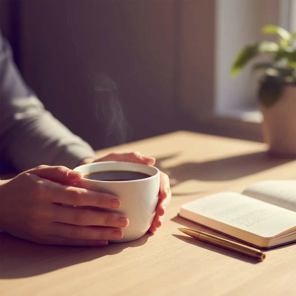 Morning coffee routine - food supplement for energy and wellbeing as part of a daily habit